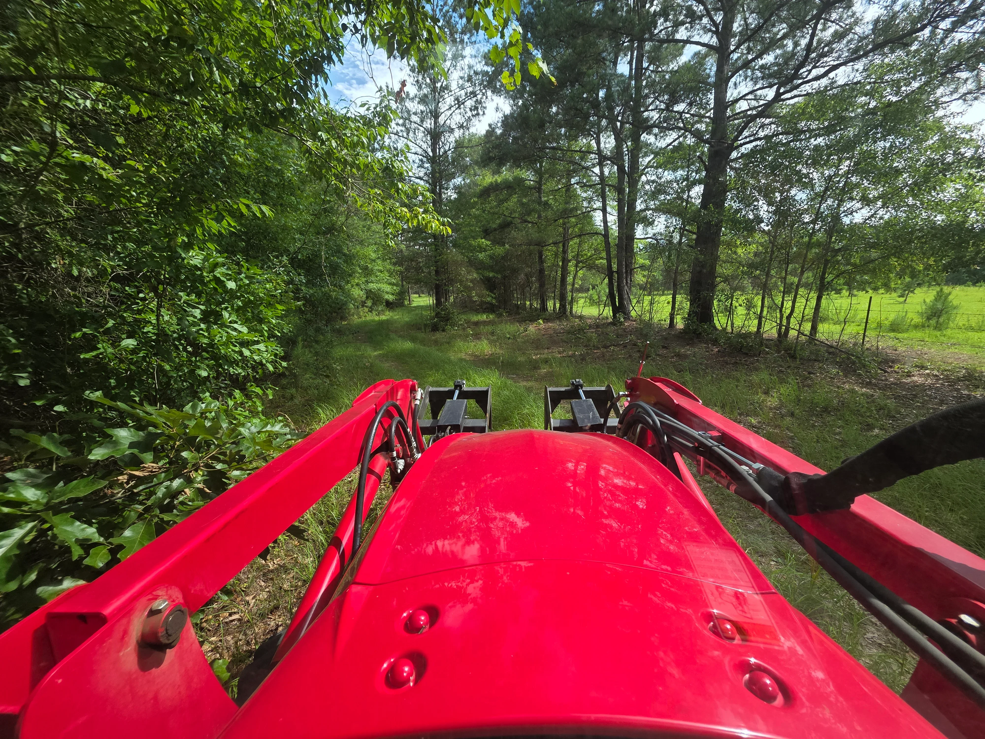 Red debris removal equipment on cleared wooded lot with fencing and trees