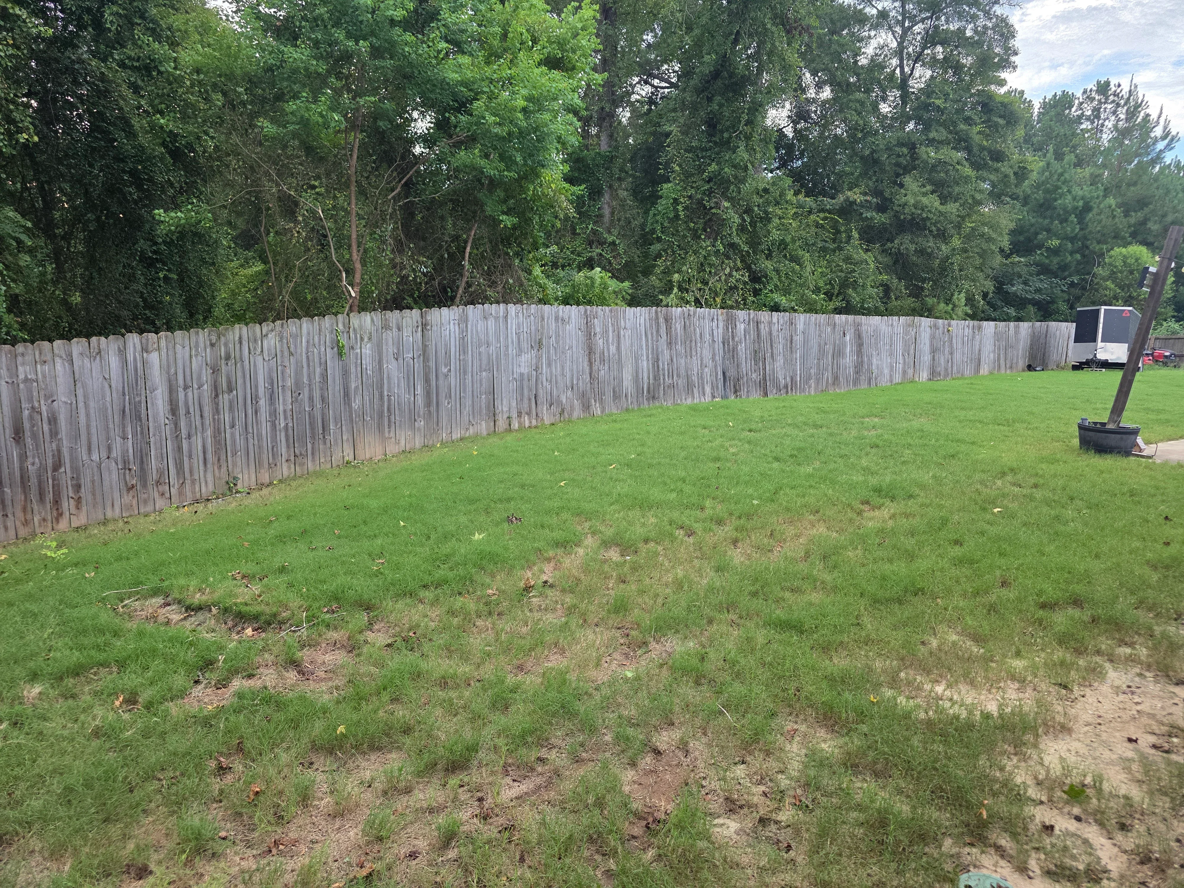 Cleared residential lot with removed wooden fence debris, green lawn, and mature trees