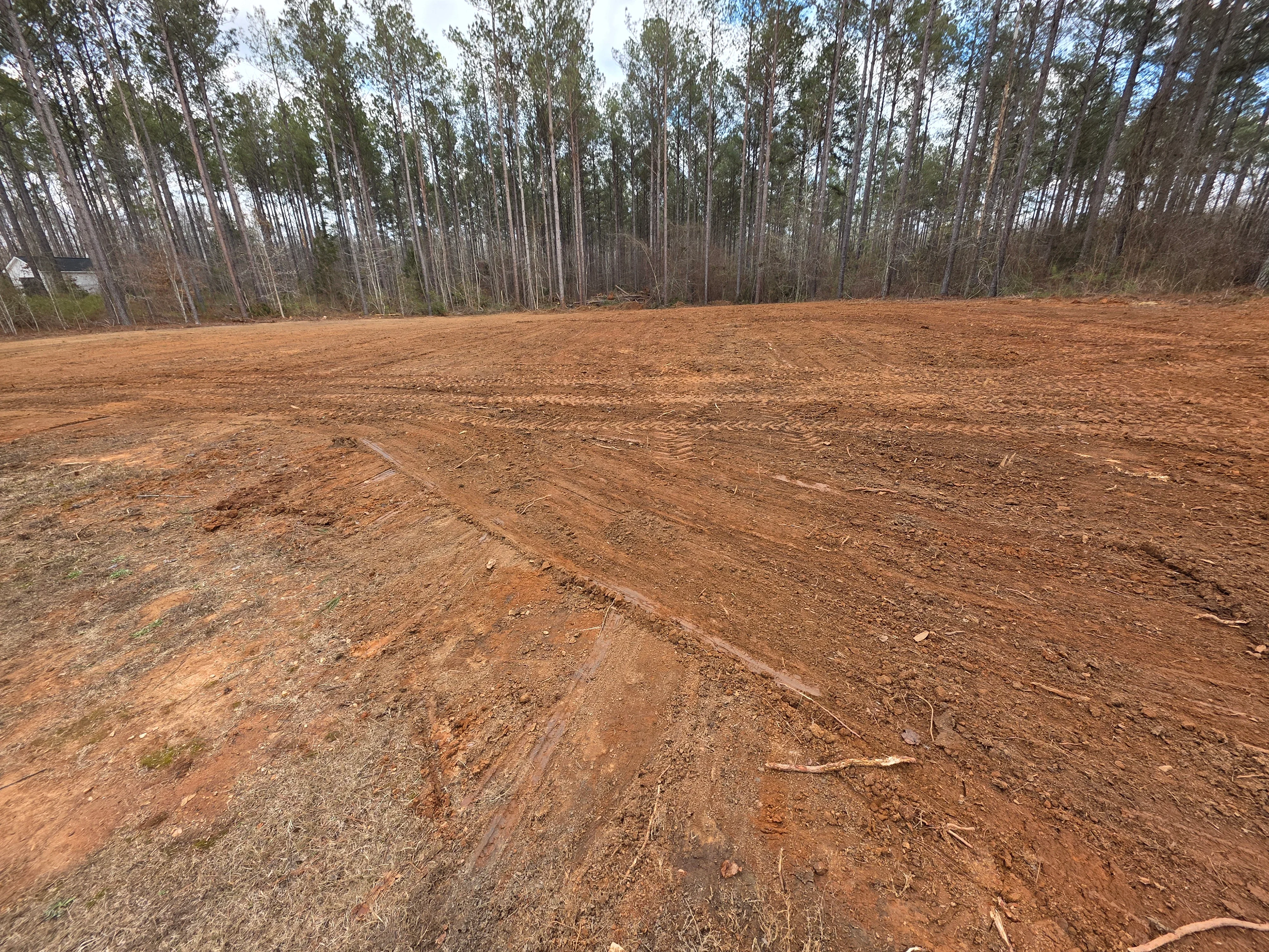 Cleared dirt lot with graded soil and tree line in background after land clearing