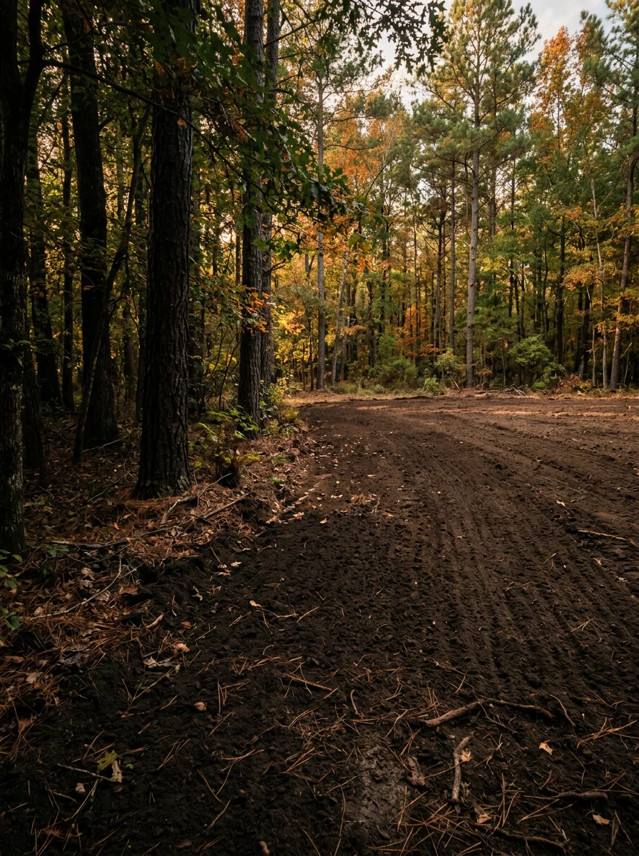 A food plot opening on a rural Auburn, AL timber tract after land clearing, showing freshly prepared soil ready for planting in a hardwood and pine setting.