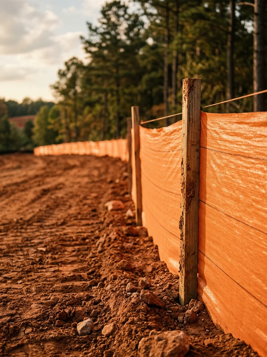 Close-up of erosion control work on a Columbus, GA property after land clearing, showing freshly graded red clay soil with silt barriers in place.