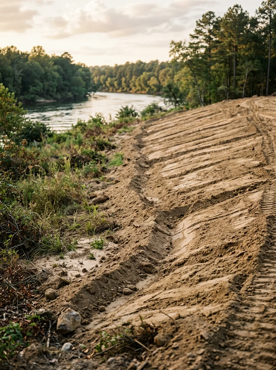 Grading and erosion control work on a sandy loam property in Cottonton's flood-prone riverside area