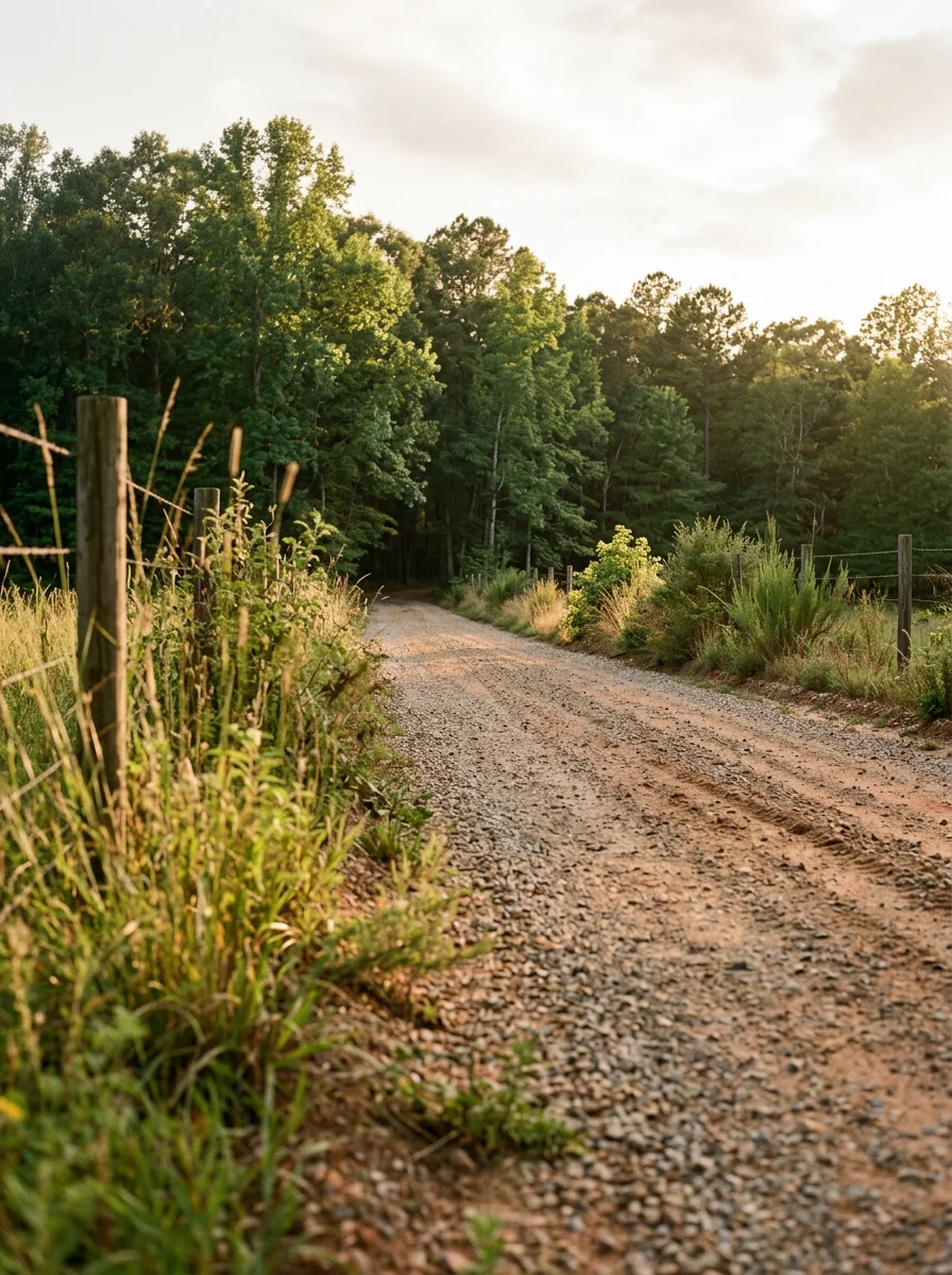 Gravel driveway on rural Ellerslie property with erosion control measures and drainage management
