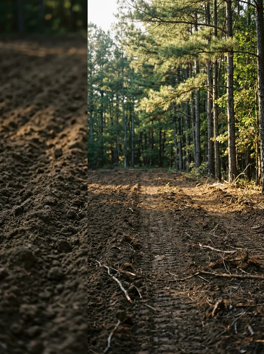 A food plot opening on a Barbour County, Alabama hunting tract near Eufaula after land clearing, showing prepared soil surrounded by mature pine and hardwood timber.