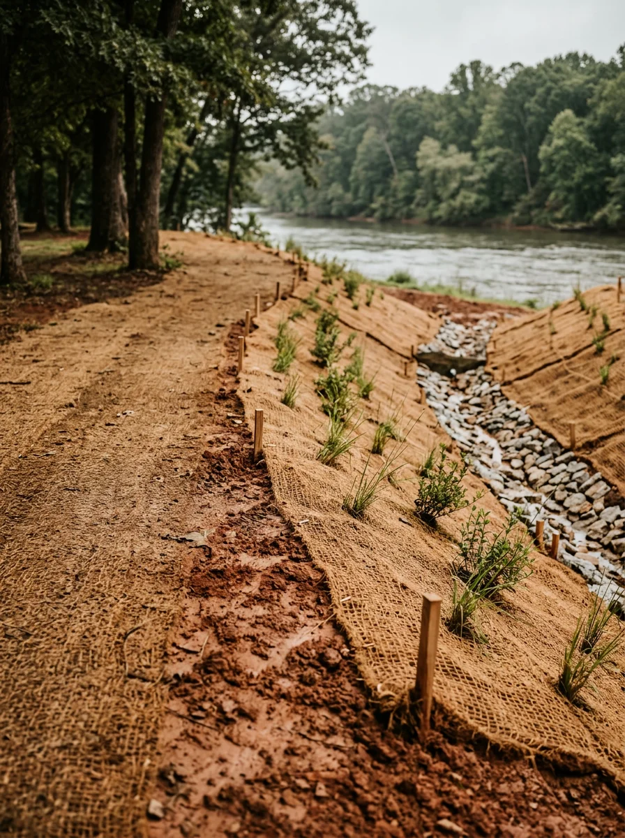 Erosion control work on a Fort Mitchell, AL riverfront parcel showing regraded slope and stabilized soil along the Chattahoochee River corridor.