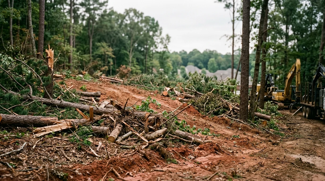 A Fort Mitchell, Alabama property near the Chattahoochee River with storm-fallen trees and debris being cleared from a wooded lot on sloped terrain.
