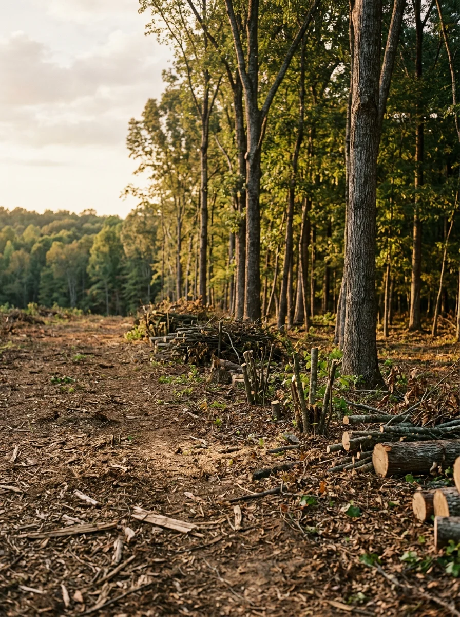 Dense underbrush being removed along a timber stand edge on a Hurtsboro, AL property, with gently rolling terrain and mature hardwoods visible in the background.
