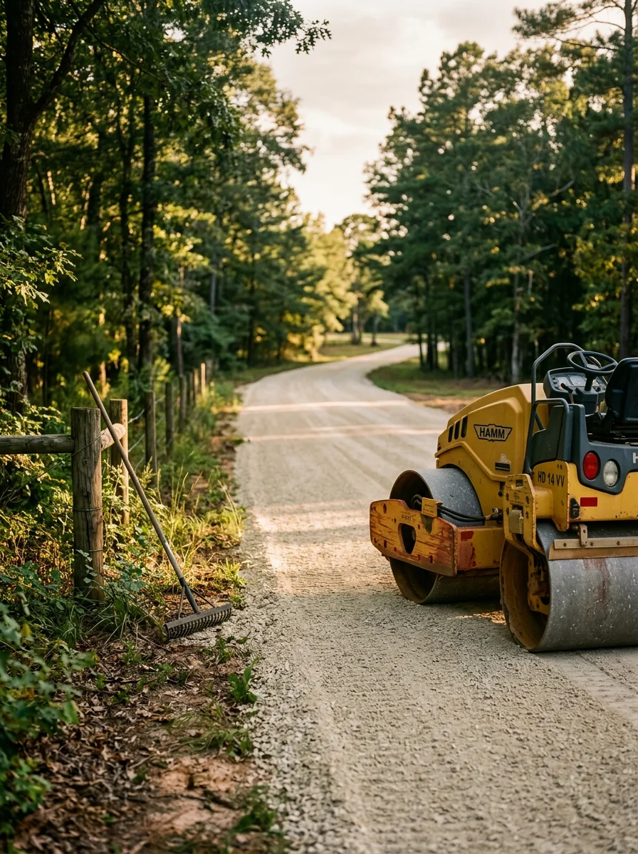 Gravel driveway being graded and compacted on a Ladonia property with tree-lined surroundings