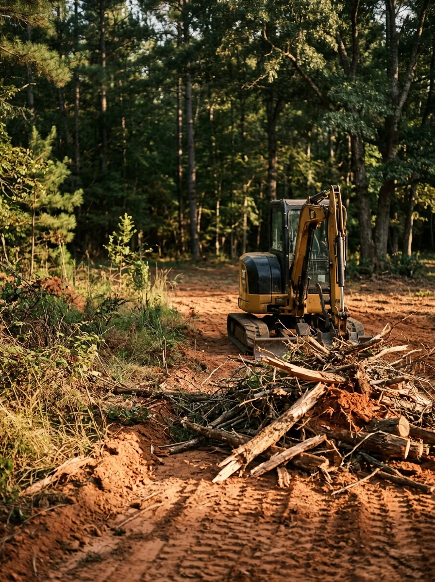 Debris removal equipment working on a rural Lumpkin property with clay soil and dense vegetation