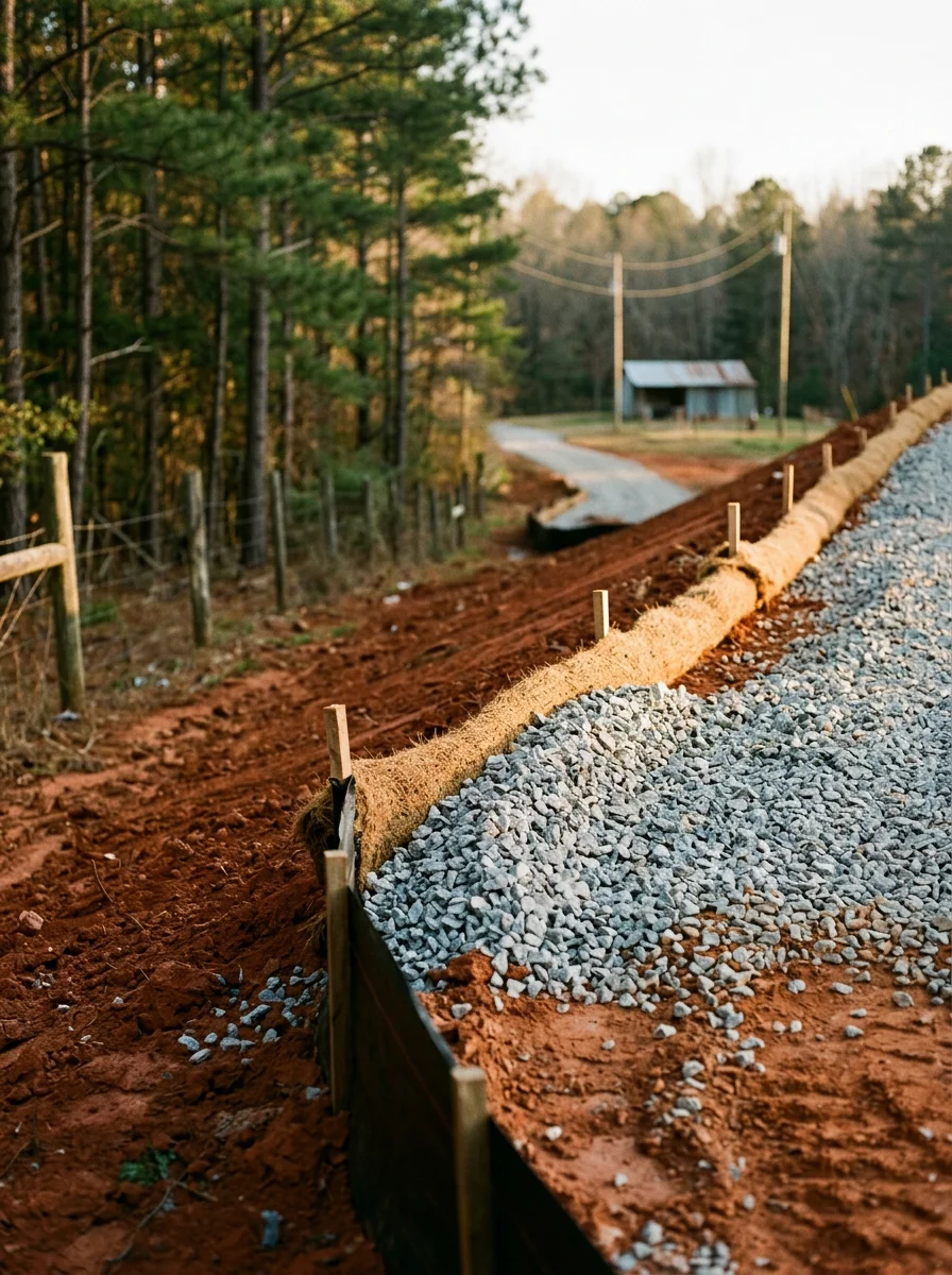 Gravel driveway and erosion control measures on Midland property with red clay soil