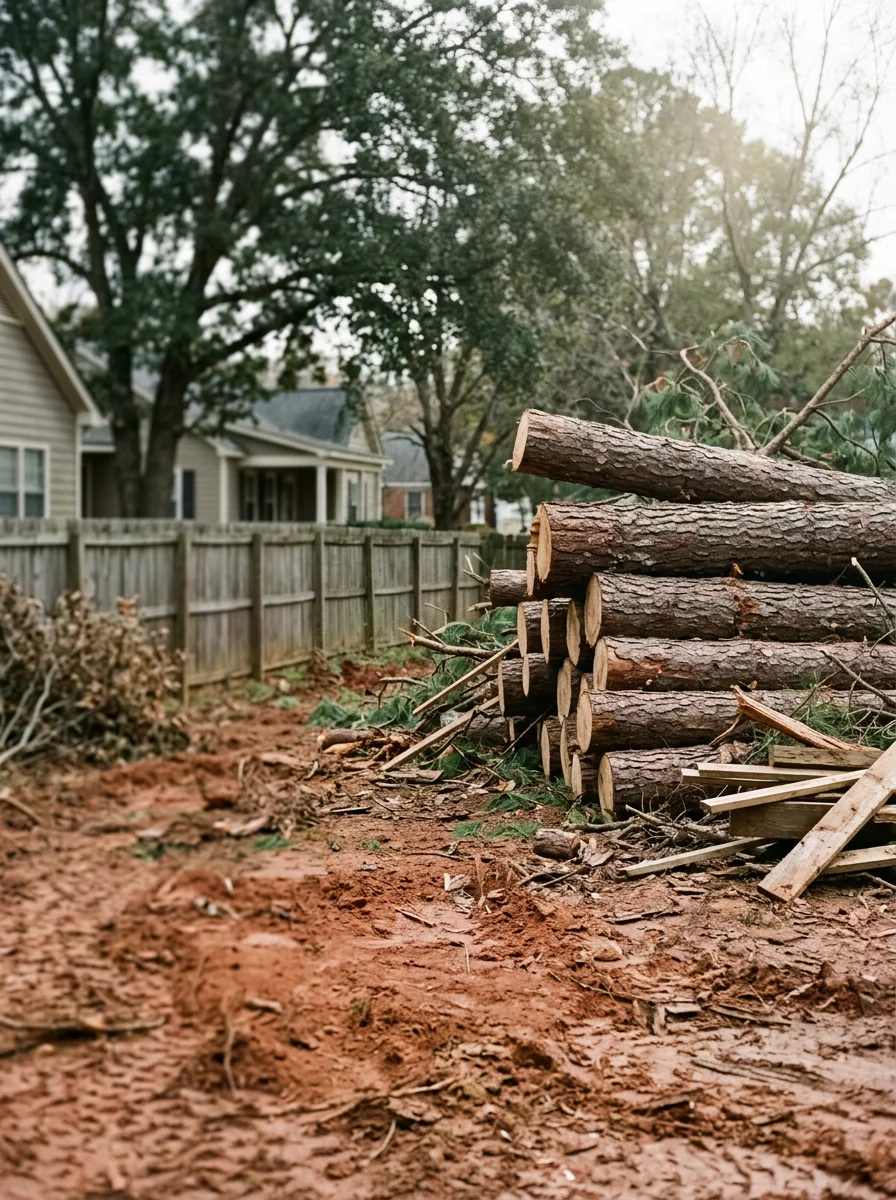 A large mature pine tree being removed from an Opelika, AL neighborhood property, with debris staged for removal on a residential lot with clay-heavy soil.