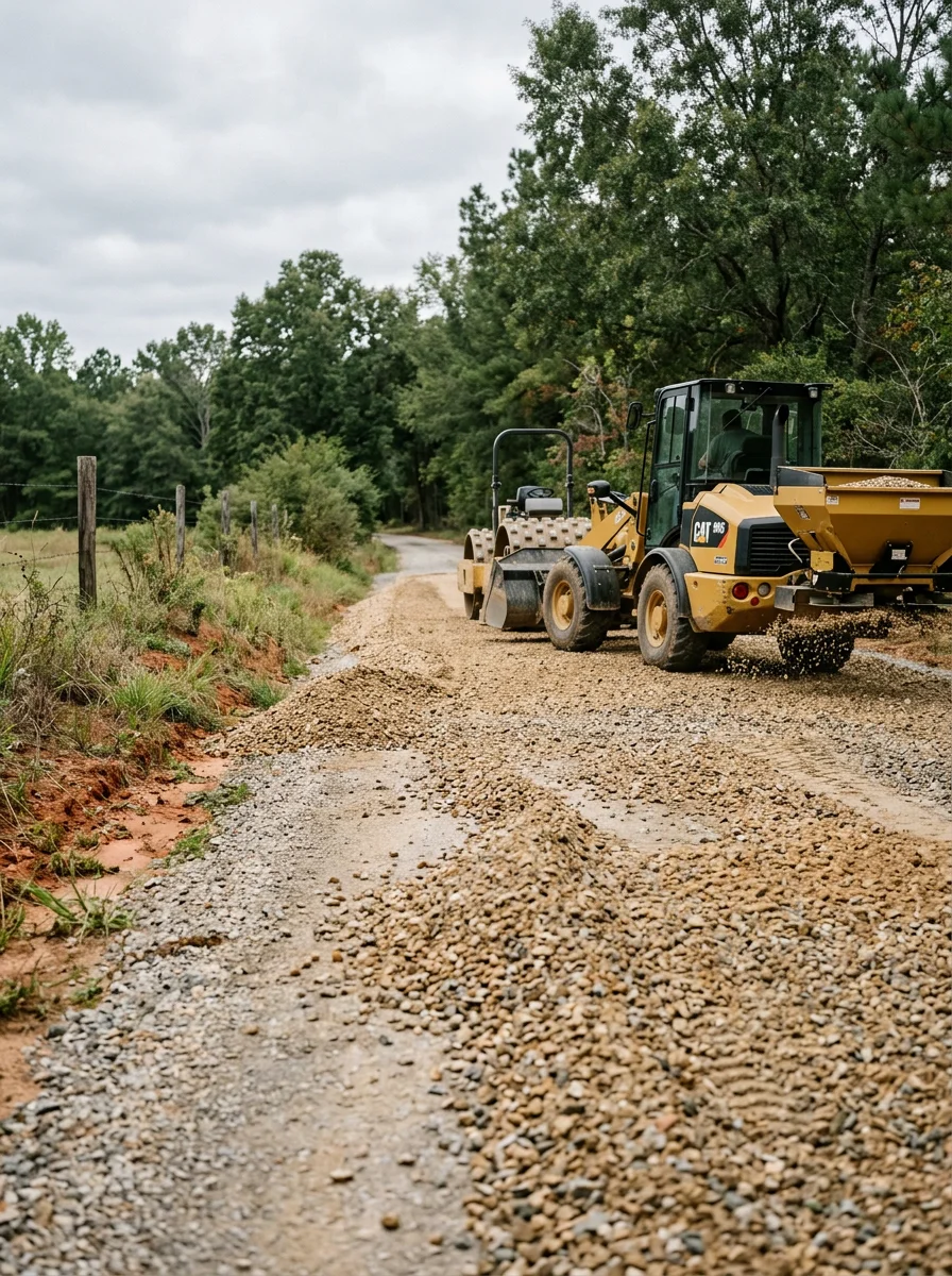A washed-out gravel driveway on a rural Phenix City, AL property being regraded and restored with fresh gravel material.