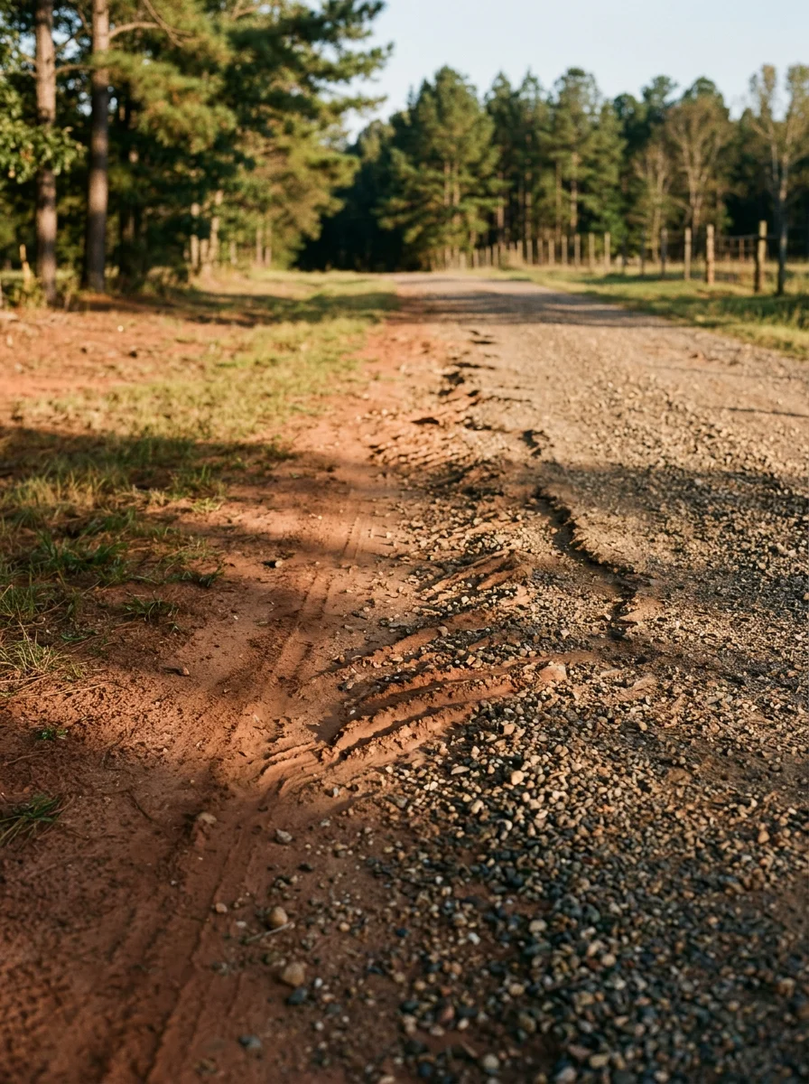 Gravel driveway on acreage in Pittsview showing erosion and washboard texture typical of coastal plain terrain