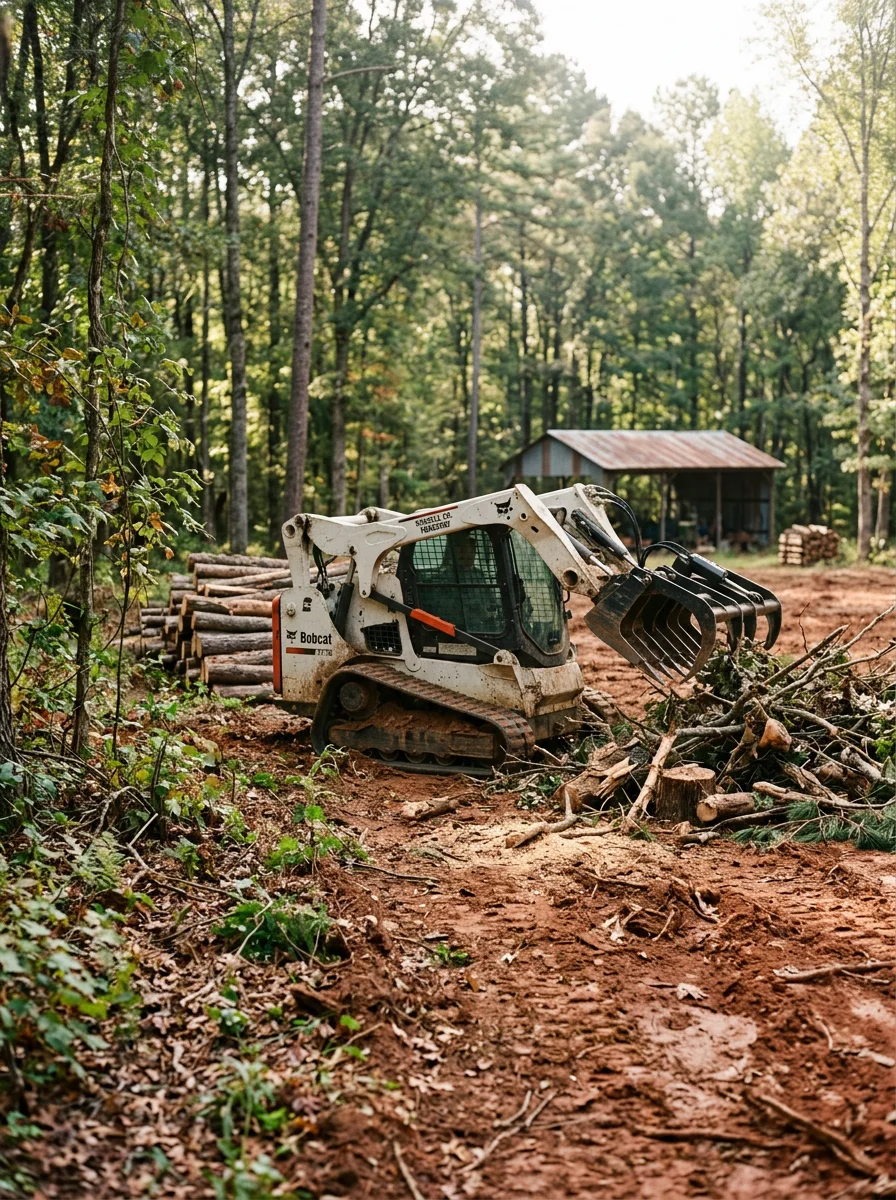 Debris removal equipment clearing fallen trees and brush from wooded acreage in Russell County