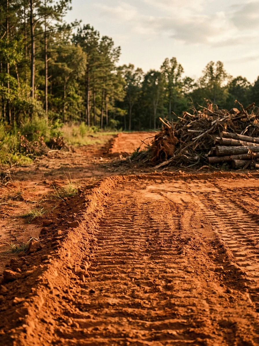 A Smith Station, AL property after land clearing showing a freshly graded building pad on gently rolling terrain, with timber debris staged for removal.