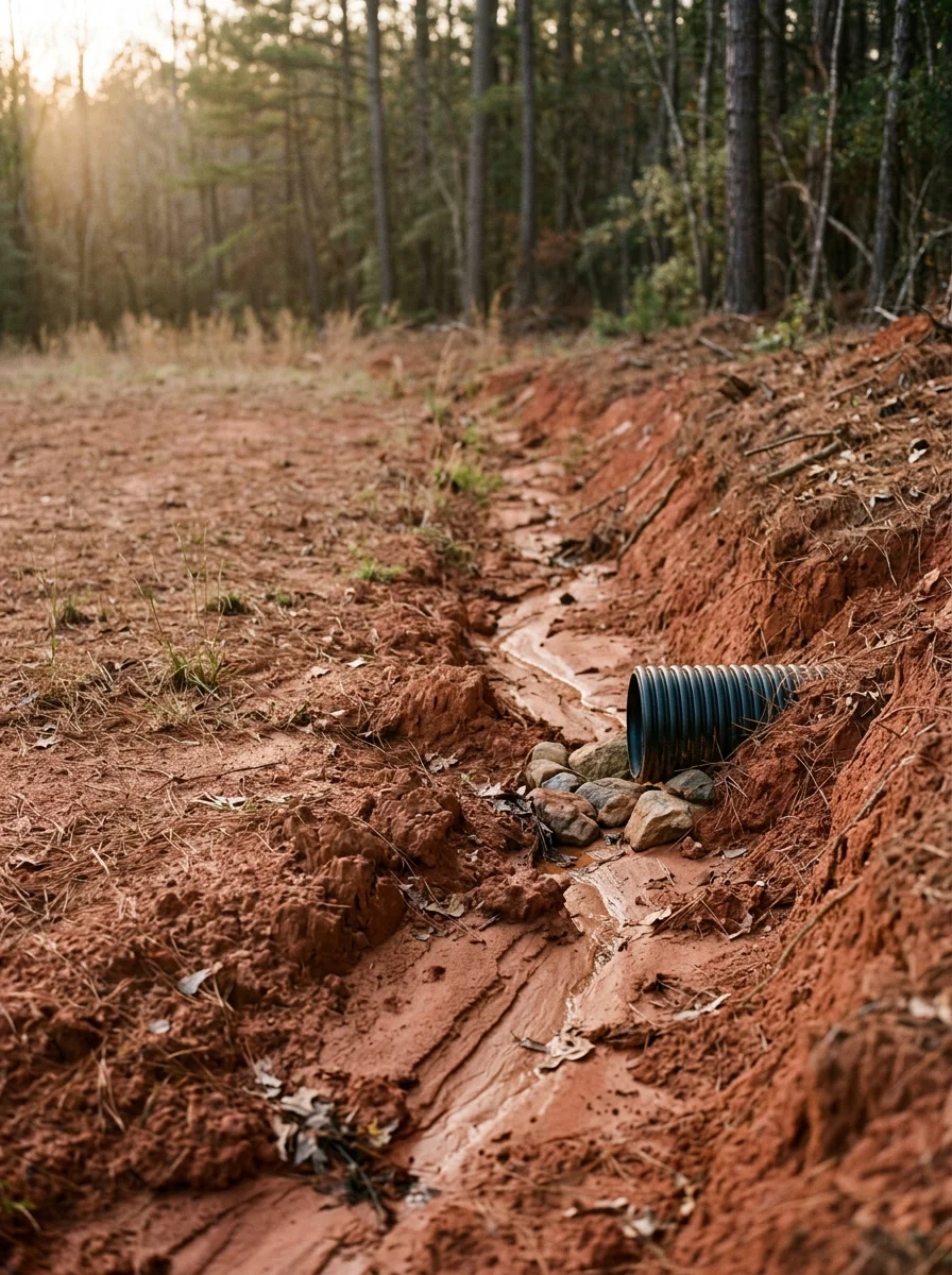 Red clay soil and drainage challenges typical of Talbot County properties in west-central Georgia