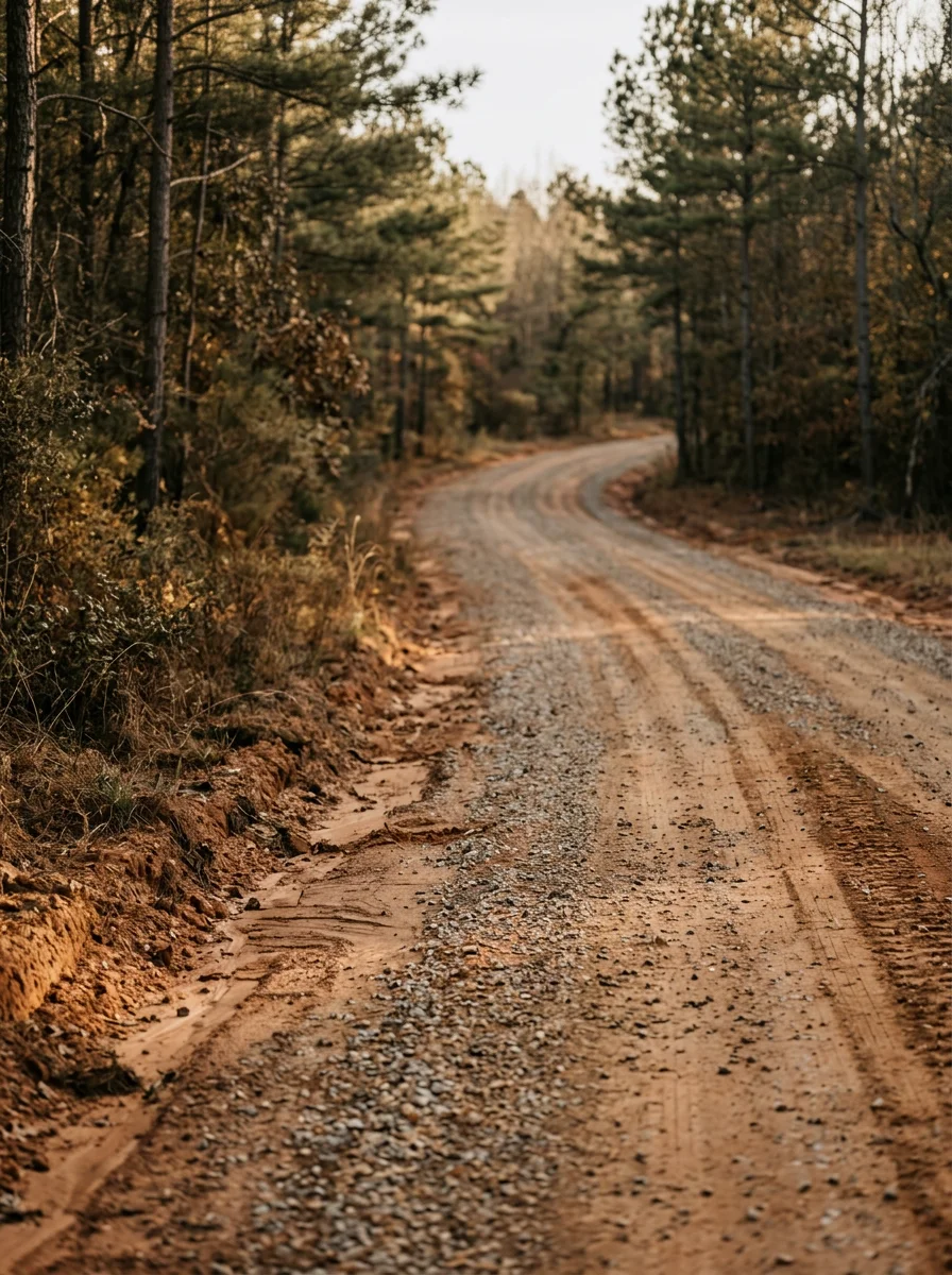 Gravel driveway through rolling property in Waverly Hall showing clay soil and drainage considerations for debris removal and land clearing