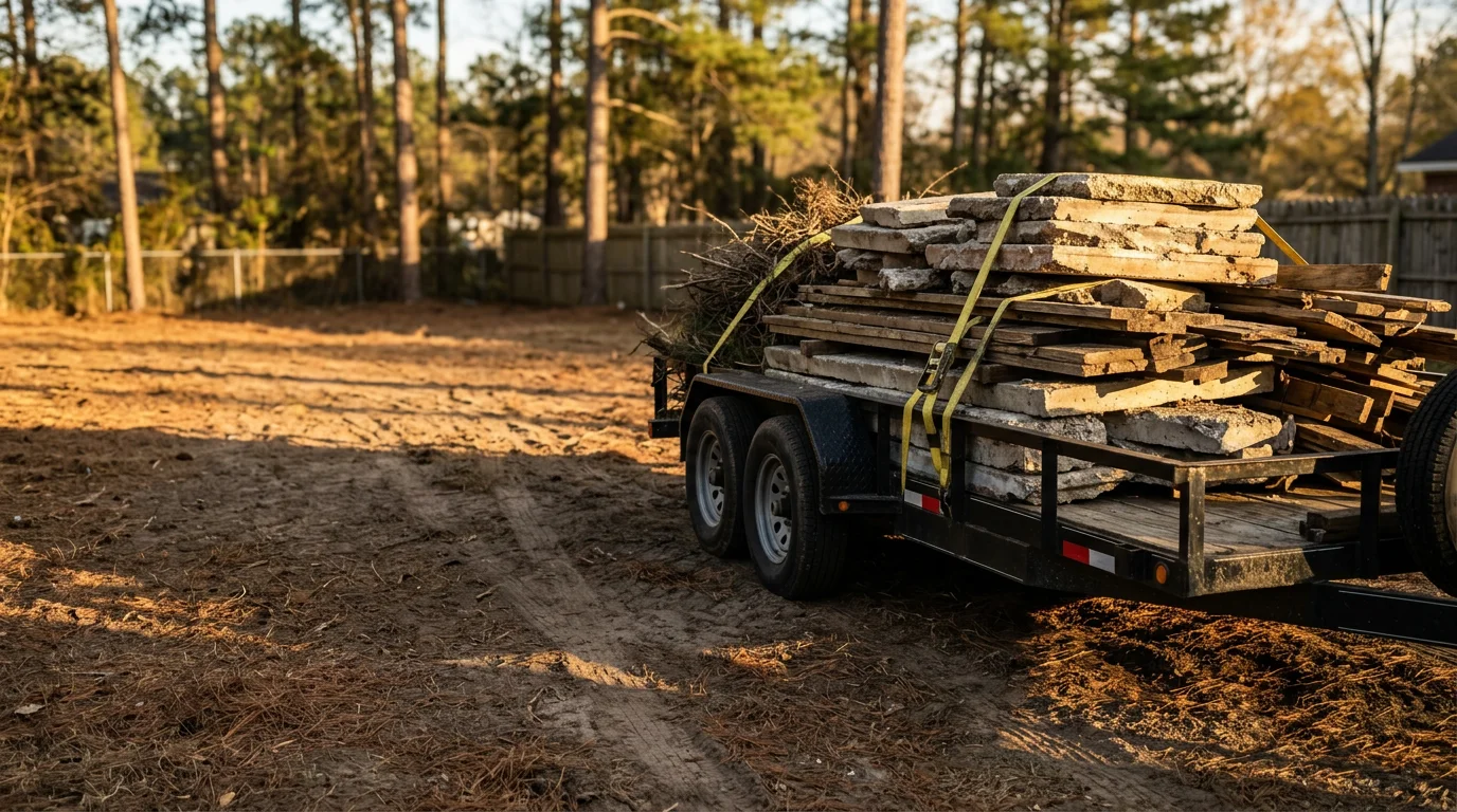 A cleared residential property in Columbus, GA with all brush, wood scraps, and yard debris fully removed, leaving an open and clean outdoor space. Triple H Property Solutions debris removal service result.