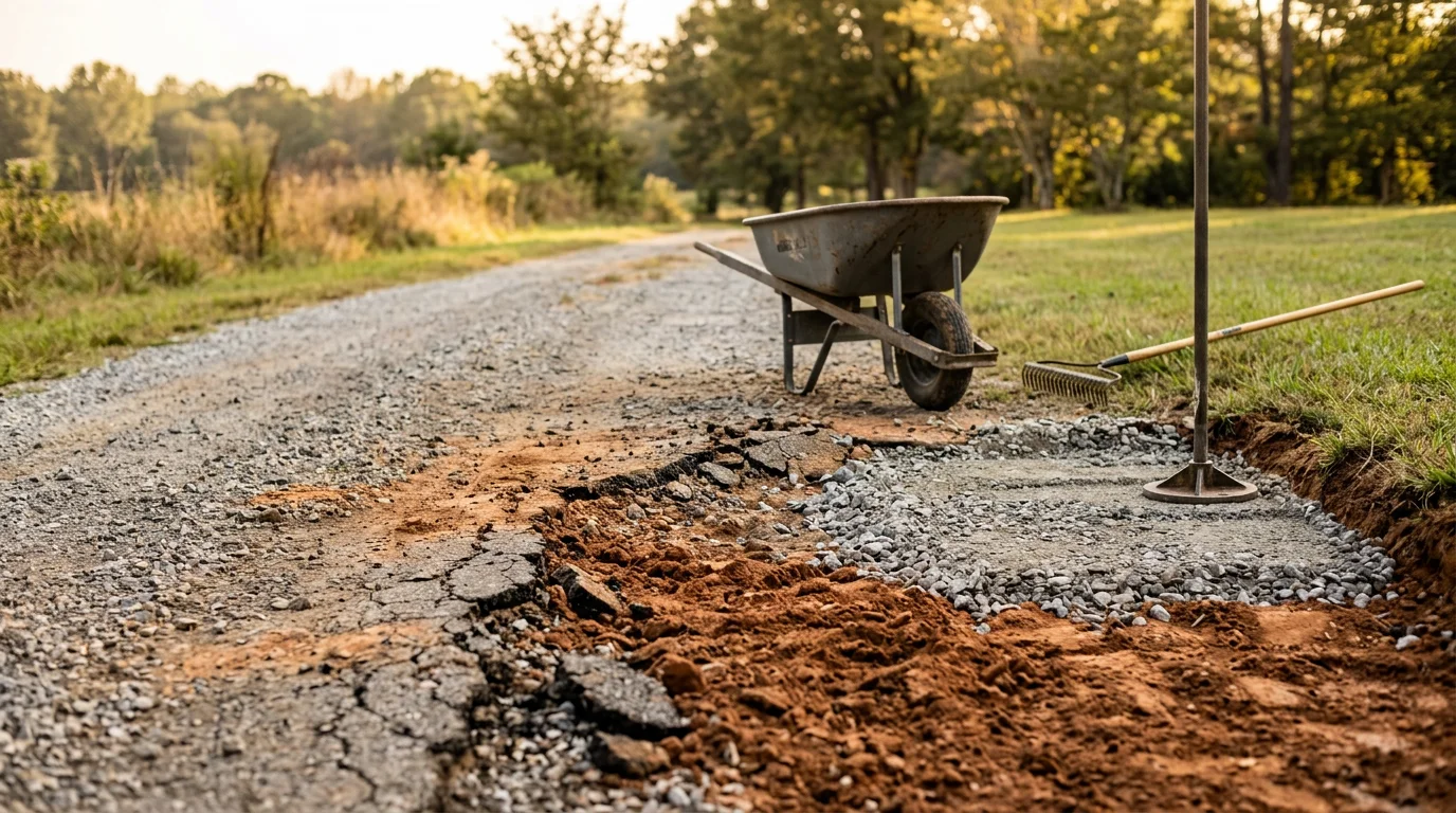 A repaired residential driveway in Columbus, GA with a smooth, even surface and no visible cracks or sunken sections. The surrounding yard shows red clay soil typical of the Muscogee County area.
